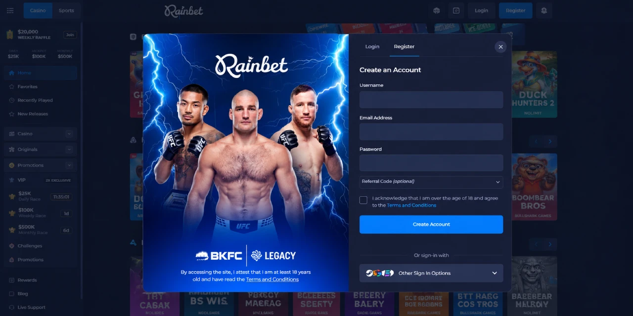 Rainbet Casino opret konto registrering velkomstformular Danmark